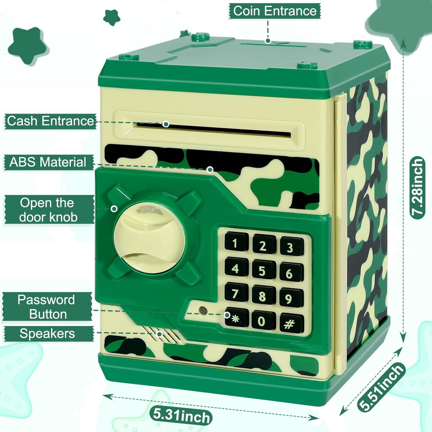 Renvdsa Cartoon Electronic Atm Password Piggy Bank Cash Coin Can Auto Scroll Paper Money Saving Box Gift For Kids (Green Camouflage)