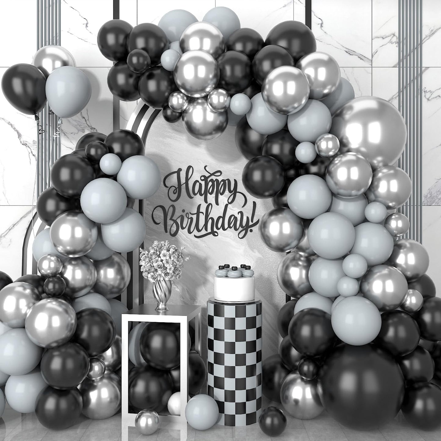 Black And Silver Balloon Arch Kit, 102Pcs Metallic Silver And Black Balloon Garland Kit Black Gray Party Balloons Grey Silver La