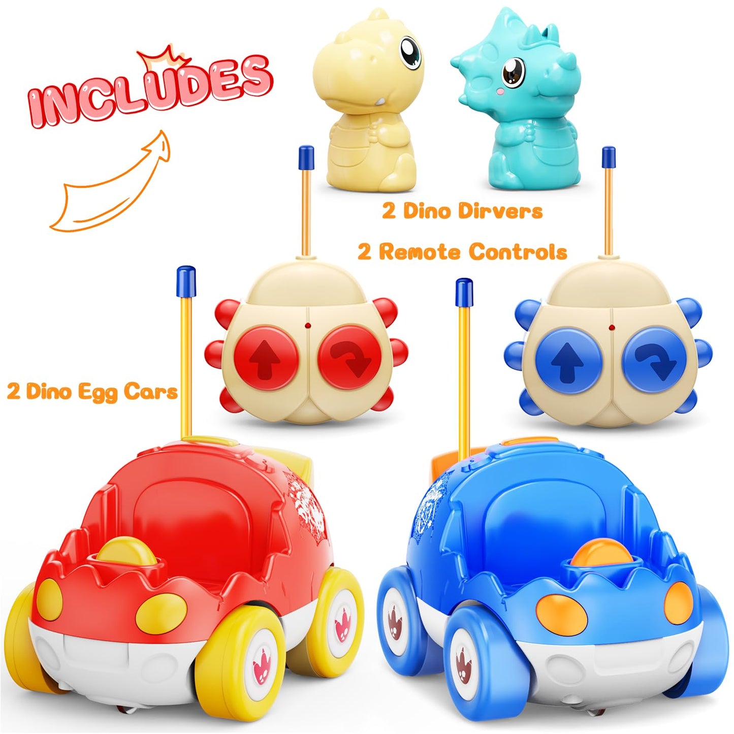 Dinosaur Toys for 2 3 4 5 6 Years Old, 2 Pack Remote Control Cars, Race Cars for Kids, Toddlers Dino RC Car Toys with Music, Xma