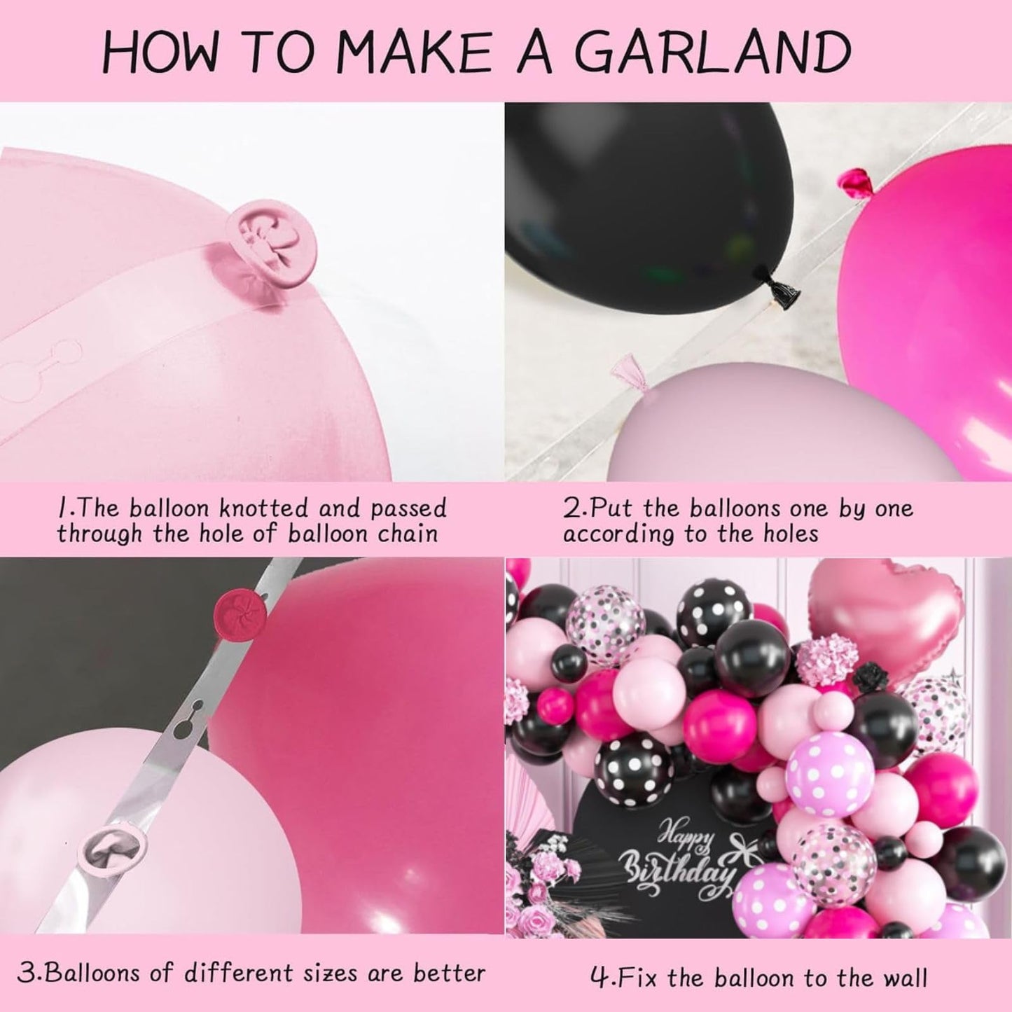 Pink Black Balloon Arch Kit, Mini Mouse Balloon Arch Kit, Pink And Black Polka Dot Balloons Mini Mouse Theme Party Decorations,