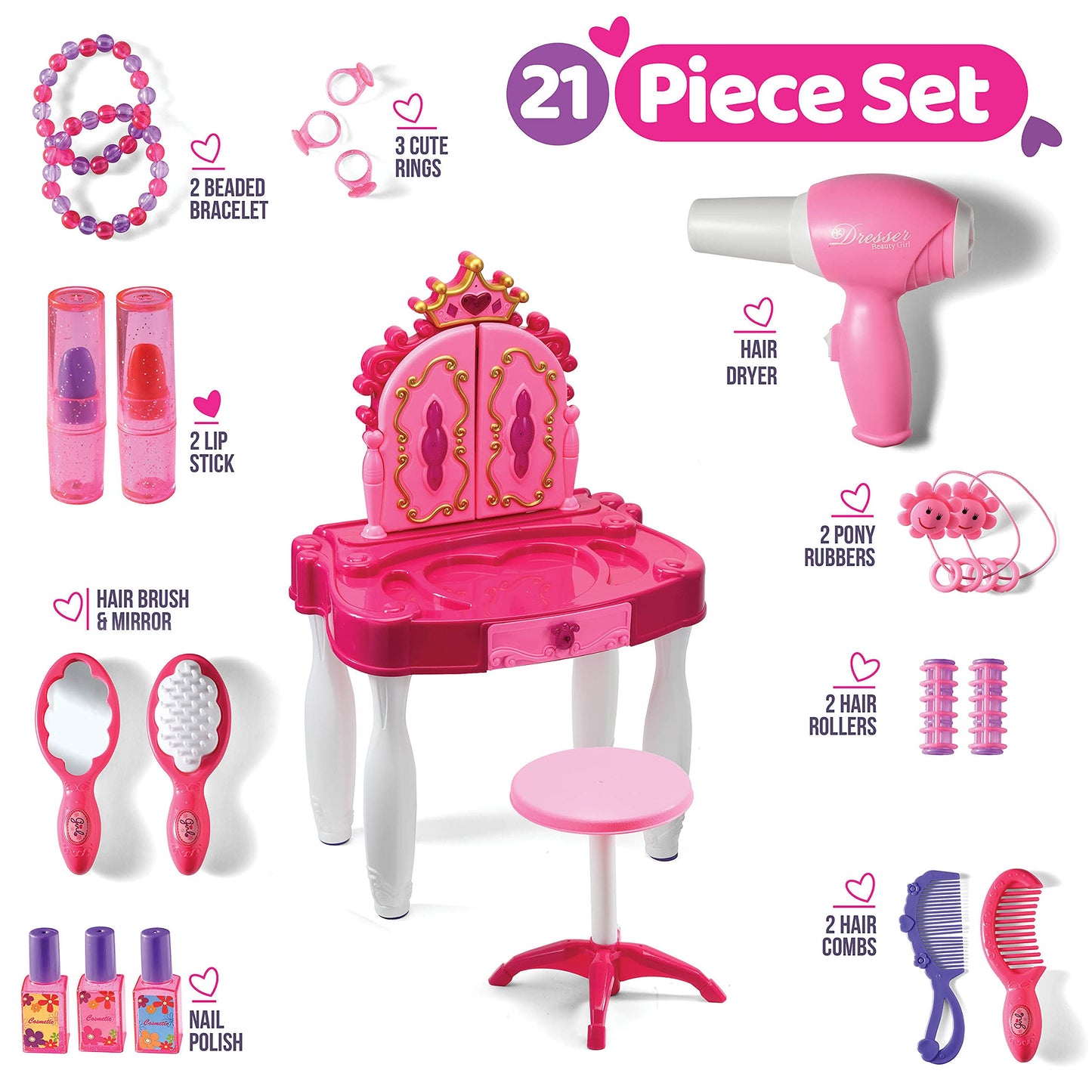 Play22 Pretend Play Girls Vanity Set With Mirror And Stool 21 Pcs - Kids Makeup Vanity Table Set With Lights And Sounds - Kids B