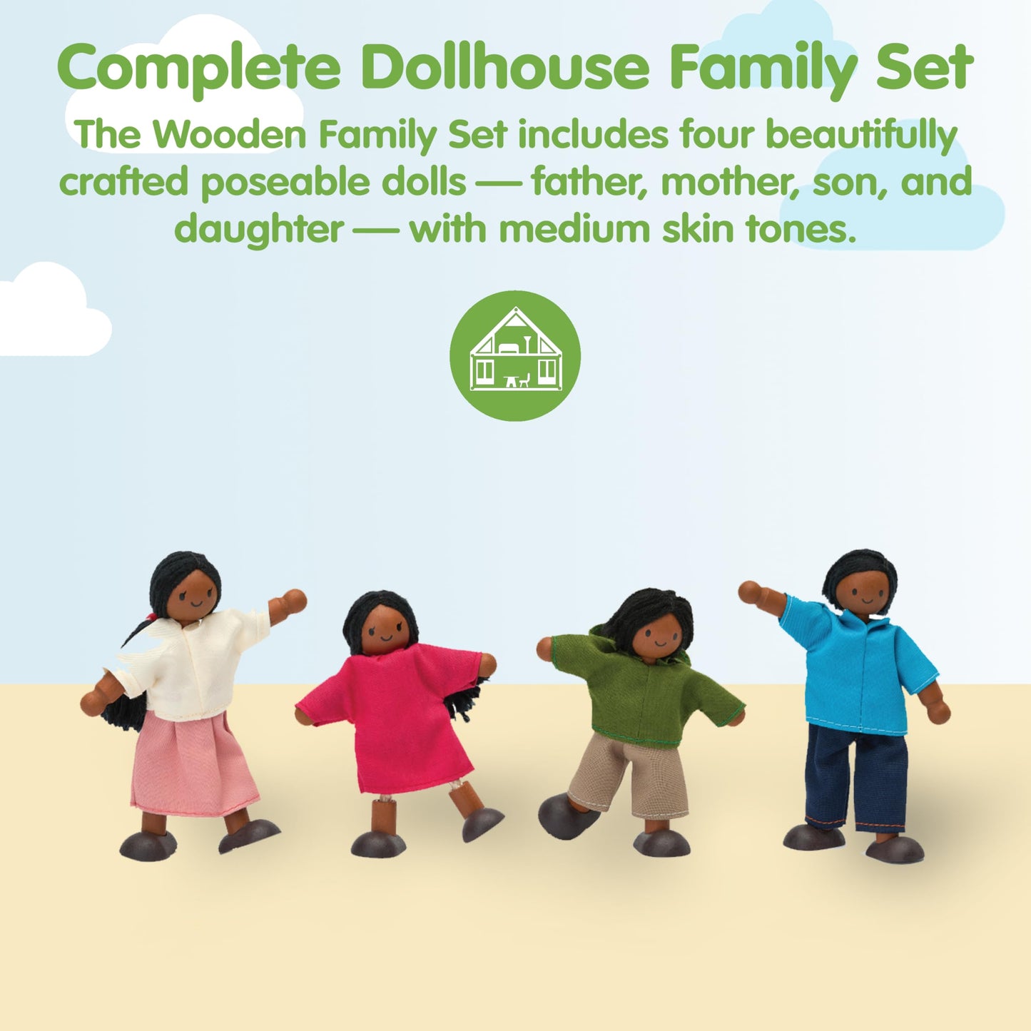 Plantoys Wooden Dollhouse Family- Mom, Dad, Son, And Daughter (1345) | Sustainably Made From Rubberwood And Non-Toxic Paints And