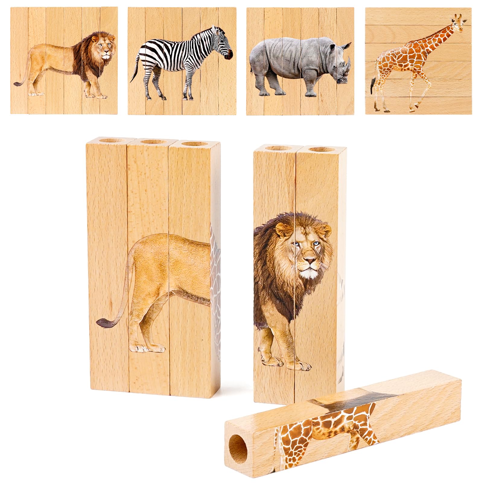 Wooden Animal Chunky Puzzles For Toddlers, Joyreal Montessori 4 In 1 Safari Animal Block Puzzle Toy, Preschool Learning Educatio