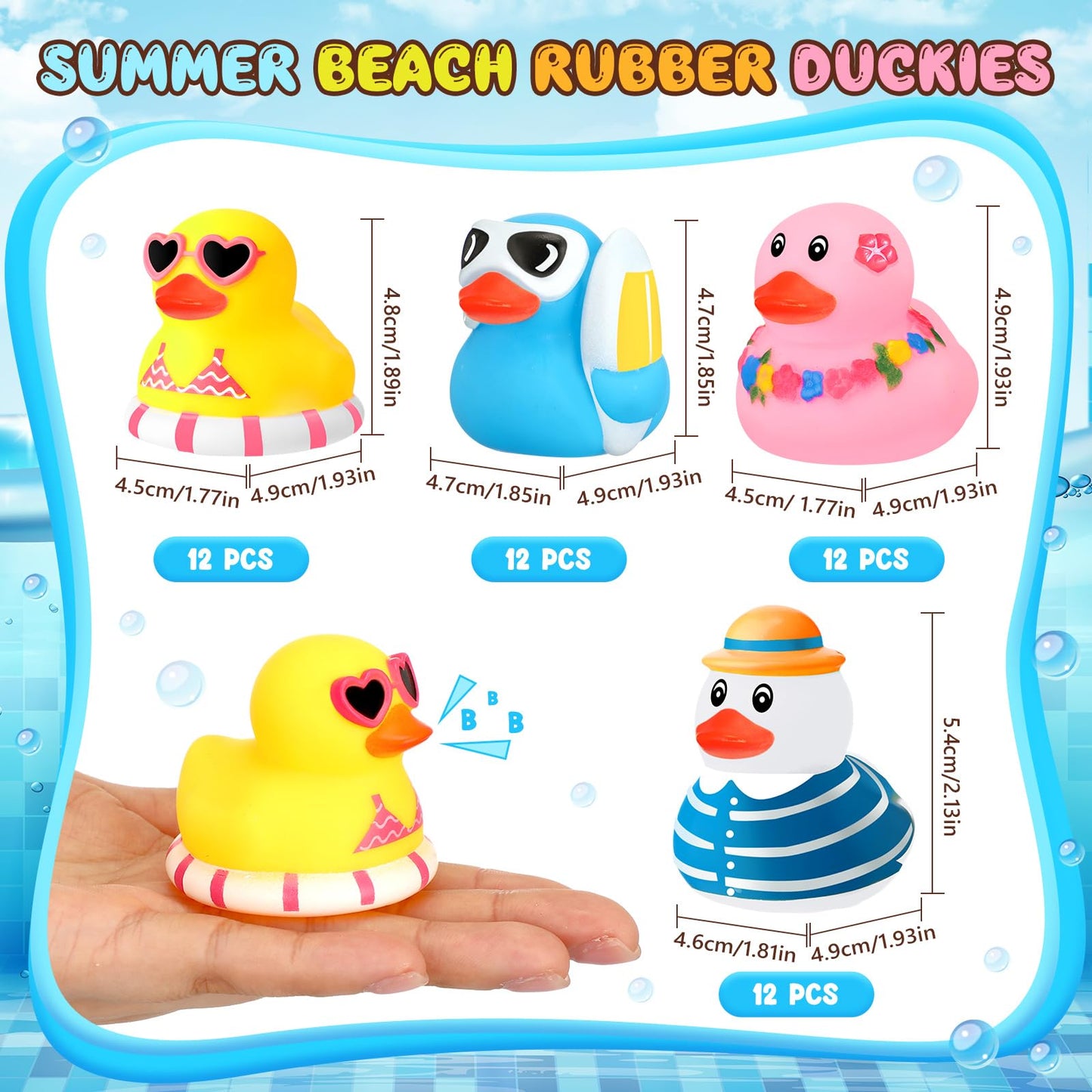 Honoson 48 Pcs Beach Rubber Duckies Mini Rubber Duck Bath Toys Float Funny Bathtub Squeaky Ducky For Pool Water Activity Birthda