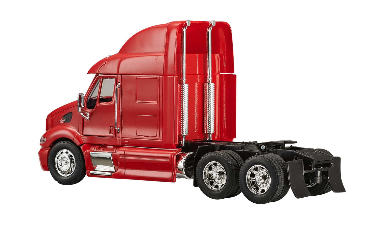 Wheel Master Diecast Model Toy Truck, Red Peterbilt 387 Flatbed Tractor Trailer with 2 Farm Tractors, Opening Doors, Interactive