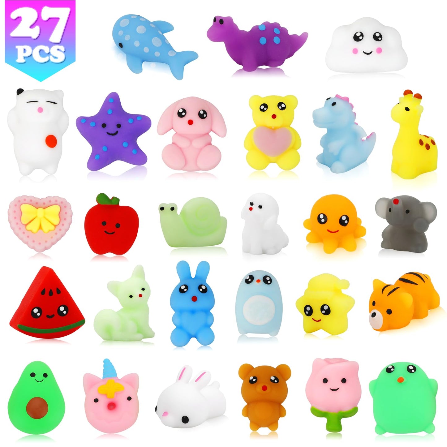Mochi Squishy Toys, 27pcs Mini Kawaii Squishies Party Favors for Kids 4-8 8-12 Boys Girls Birthday Gifts Fidget Sensory Treasure
