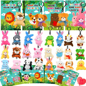 Lukbera 28Packs Valentines Day Greeting Cards With Stuffed Animals Keychains, Small Plush Animals Toys Bulk For Kids Valentines