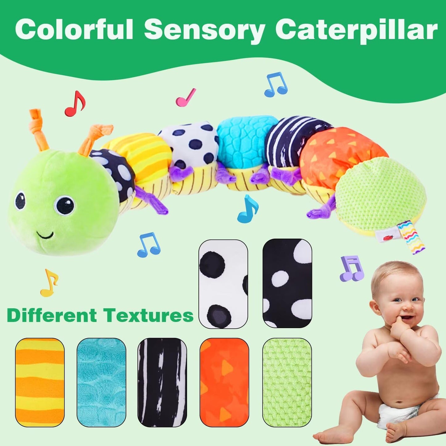 Pau1Hami1ton Baby Toys 0-3-6-12 Months Musical Plush Caterpillar Toy,Newborn Toys with Crinkle and Rattles,Baby Sensory Toys,New