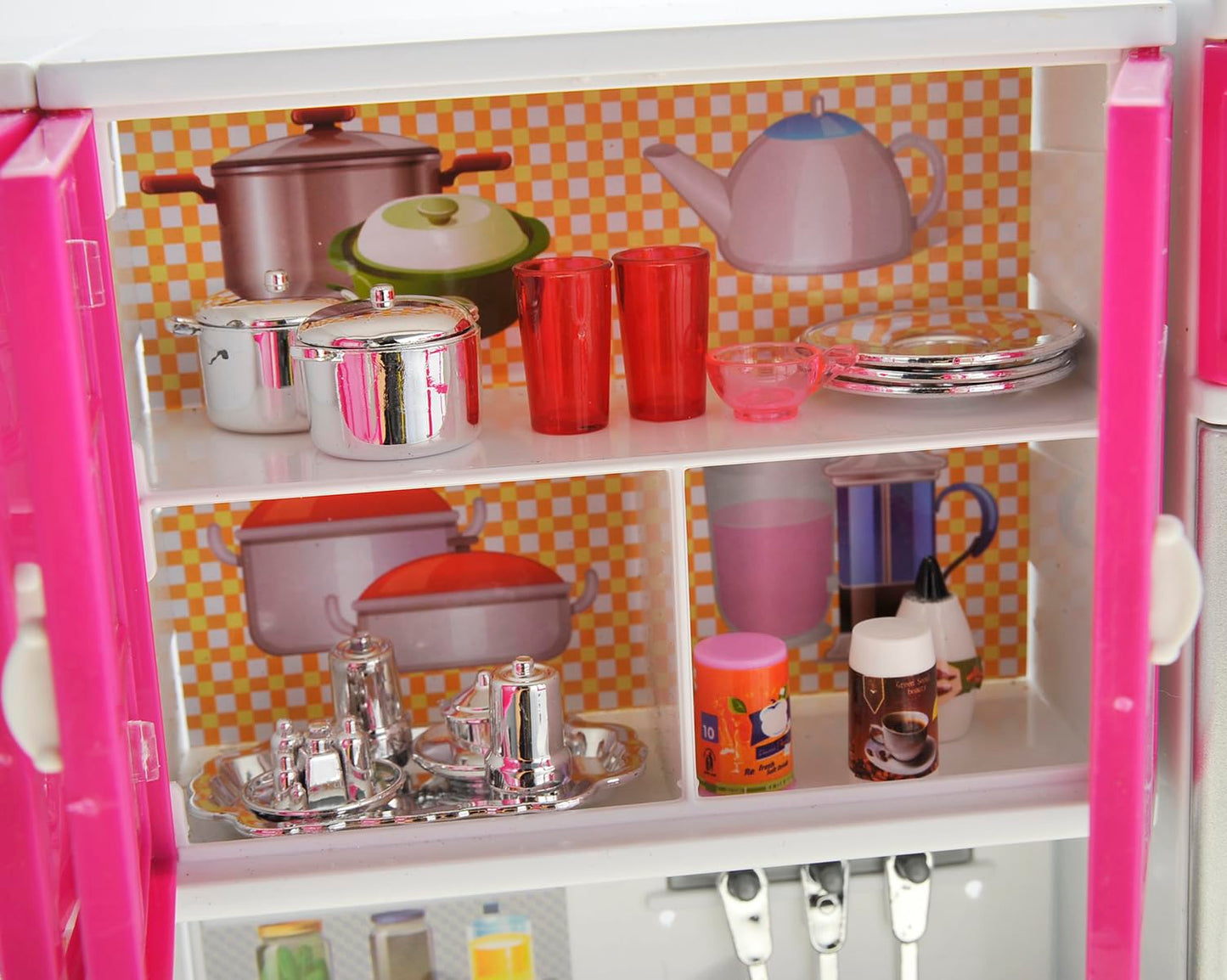 PowerTRC Doll Kitchen Play Set, Mini Modern Toy Pink Kitchen Pretend Furnitures Toy Set Accessories Set with Realistic Light & S