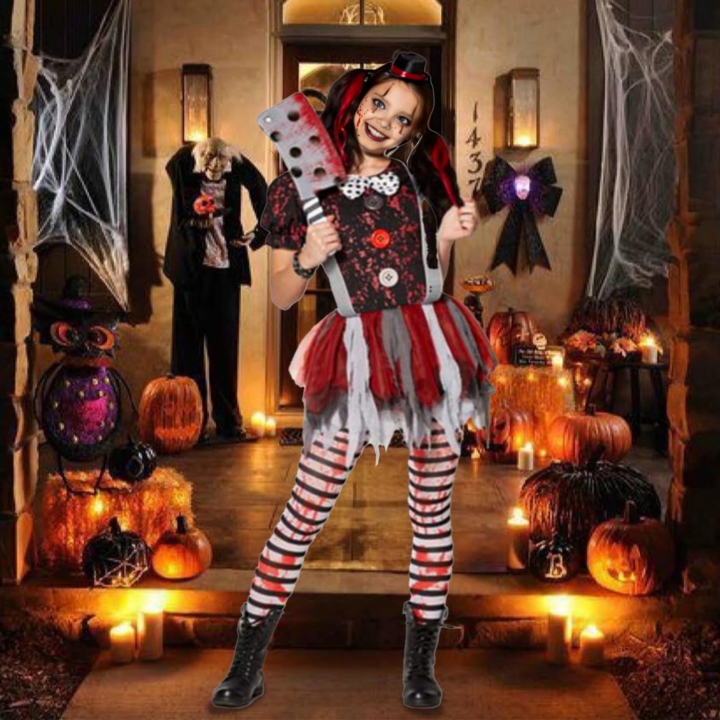 Momkonzz Girls Halloween Costumes Kids Creepy Killer Clown Costume Short Sleeve With Headpiece Tights 9-10Y