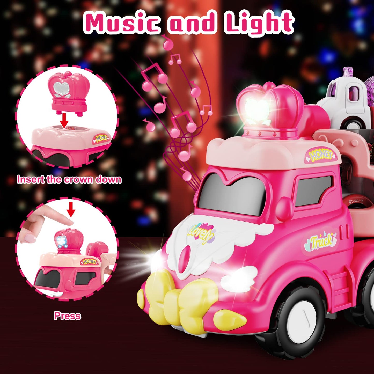 seveclotree 9 in 1 Carrier Truck Cars Toys for Girls Toddlers,Pink Princess Girl Car with Light and Sound,Toddler Girl Toys Age