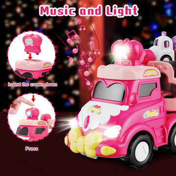 seveclotree 9 in 1 Carrier Truck Cars Toys for Girls Toddlers,Pink Princess Girl Car with Light and Sound,Toddler Girl Toys Age