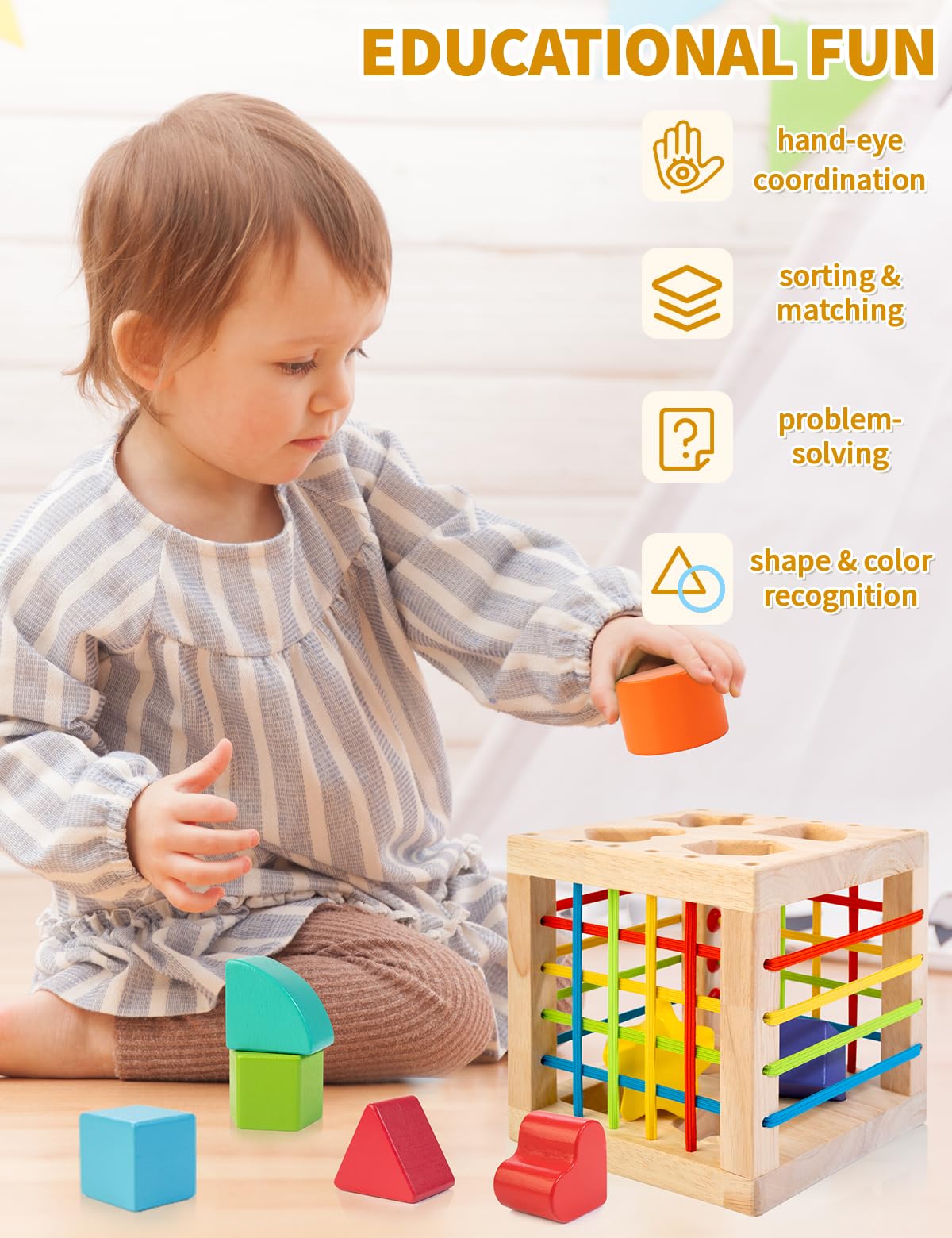 AMAWOOD Montessori Toy for Toddlers, Shape Sorter for Babies, Wooden Shape Sorting Cube with 8 Rattling Blocks Baby Toys, Educat