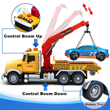 SpringFlower 15'' Large Tow Truck Toy, Toy for 3 4 5 6 Years Old Boy Toddlers, Truck Vehicle Toy with Racing Car, Traffic Signs,