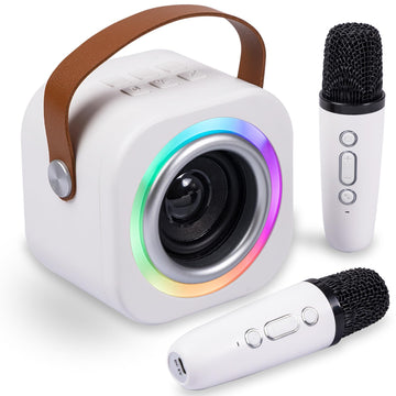 Mini Karaoke Machine for Kids with 2 Wireless Mics,Voice Changer Fun Effects,Portable Bluetooth Speaker with LED Lights,AUX/USB/