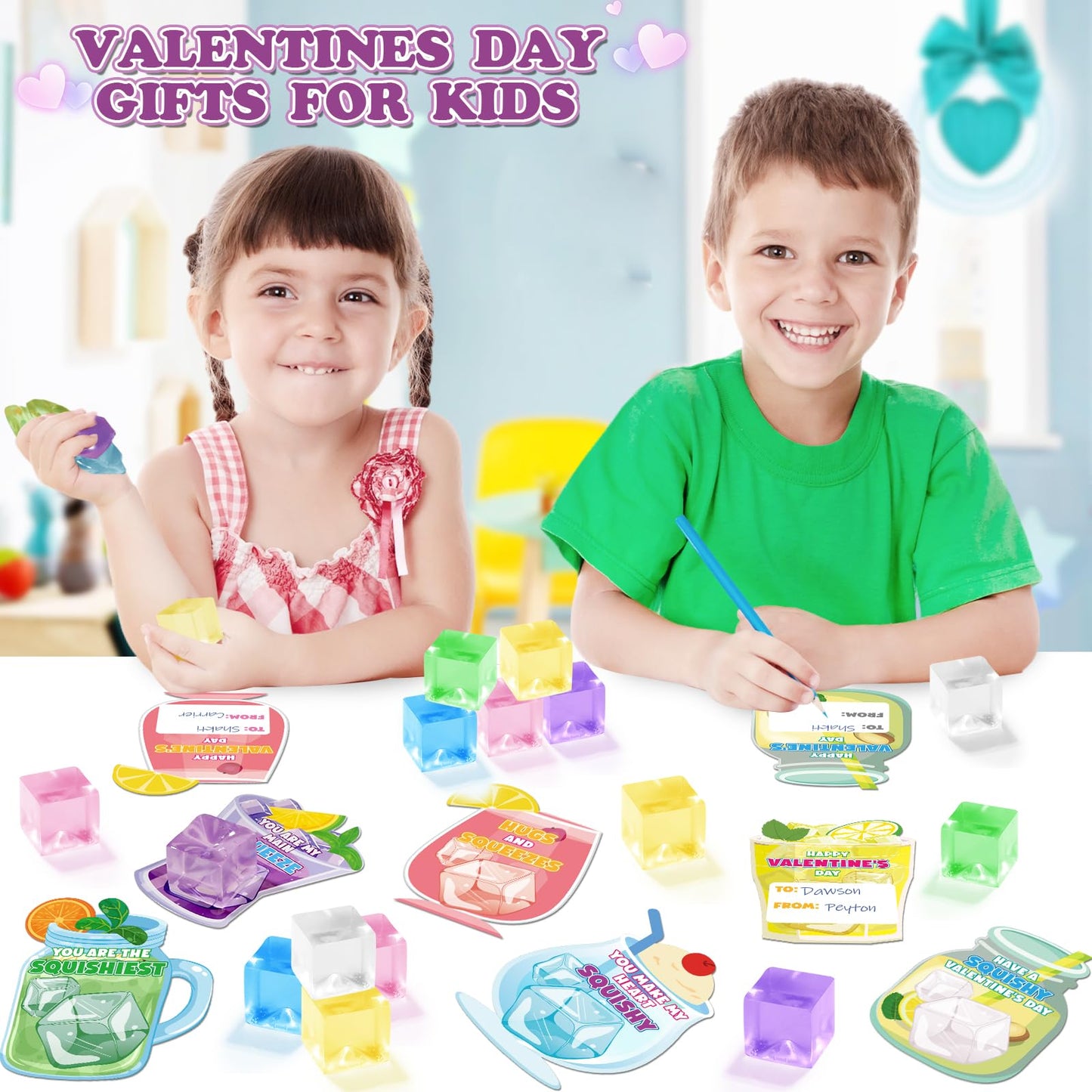 Valentines Day Gifts Cards For Kids, 30 Pack Ice Cube Squeeze With Valentines Day Card For Kid Classroom Exchange, Stretchy Stre