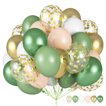 Sage Green And Gold Balloons, 12 Inch 60 Pcs Metallic Olive Green White Gold Party Balloons Metallic Green And Gold Confetti Bal