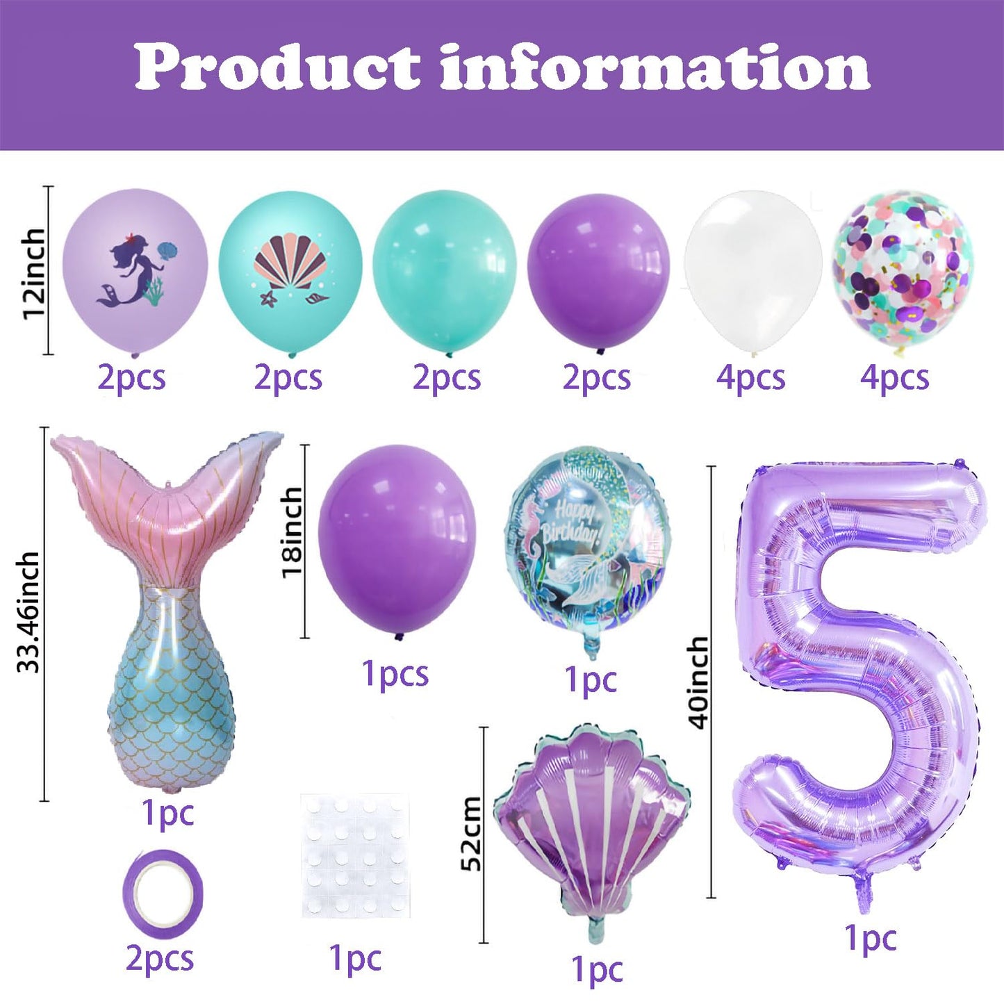 40 Inch Purple Number 5 Balloon,Giant Large Number 5 Balloon,5Th Birthday Mermaid Balloons,Children'S Birthday Party Baby Shower
