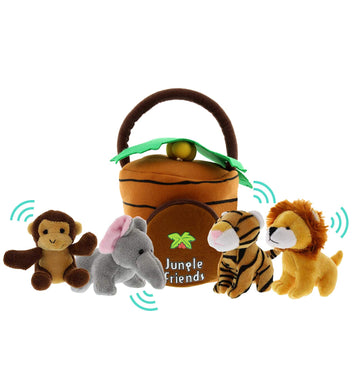 Jungle Animals Talking Plush Baby Toy - 5 Piece Small Stuffed Animals Set Including Jungle House Carrier And Stuffed Monkey, Lio