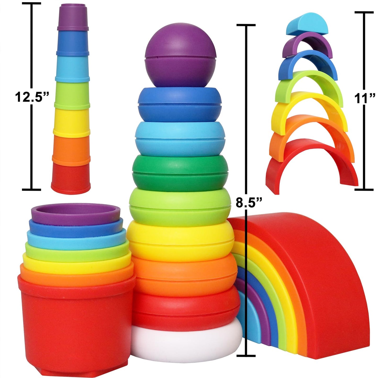 Kiddie Play Stacking Toys for Toddlers | Set of 3 Baby Toys Stacking Cups Stacking Rings and Rainbow Stacker
