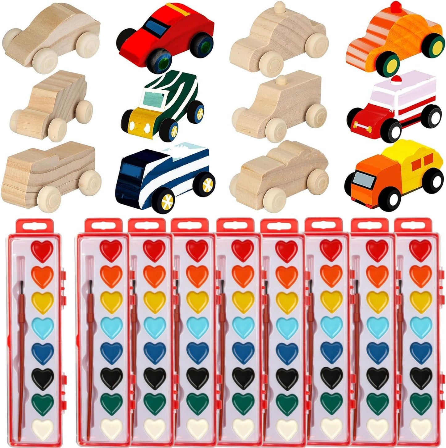 24 Sets Valentines Day Crafts Kids, Wooden DIY Car Toys with Heart Watercolor Paint Unfinished Wood Cars for School Family Arts 