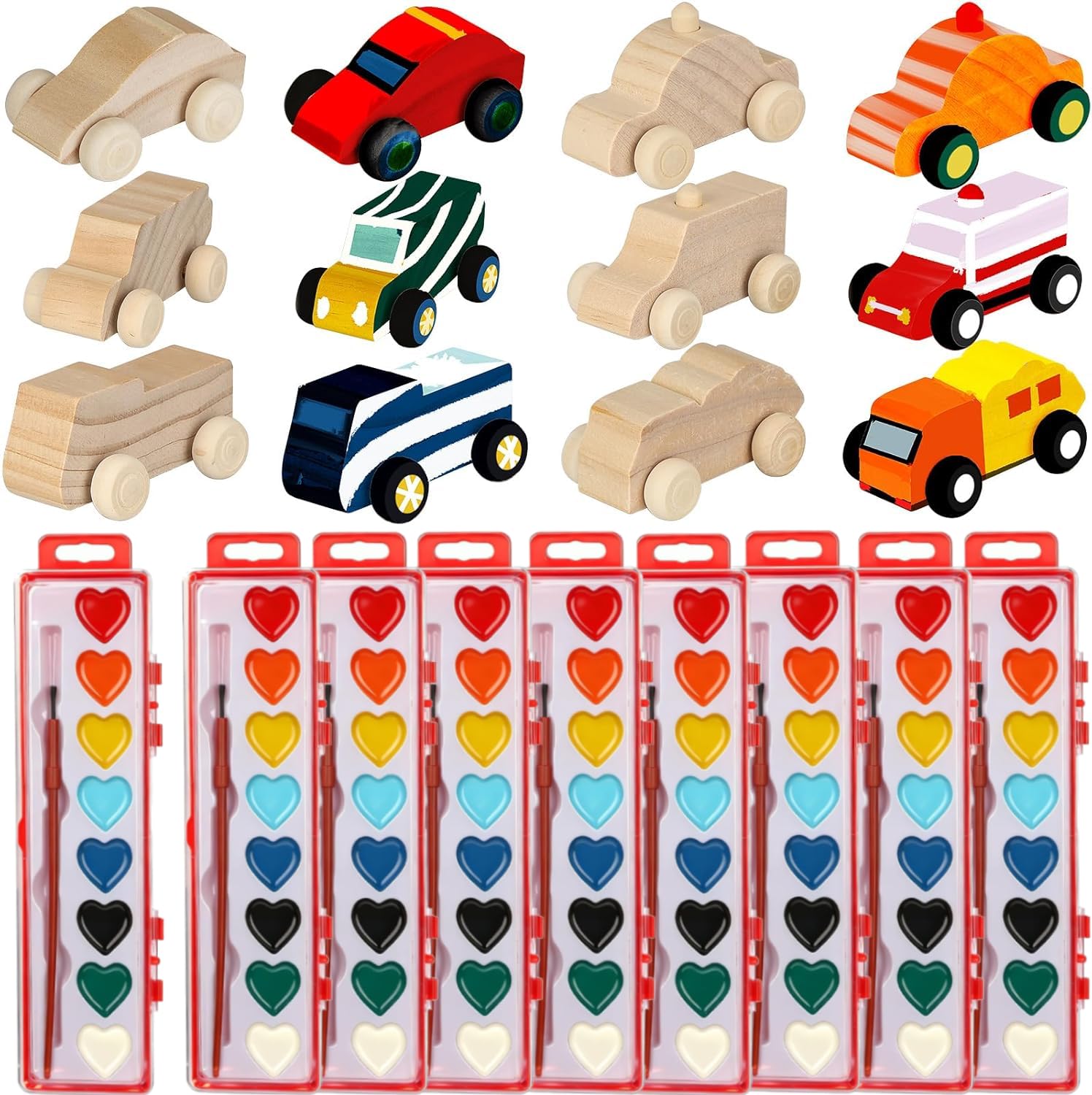 24 Sets Valentines Day Crafts Kids, Wooden DIY Car Toys with Heart Watercolor Paint Unfinished Wood Cars for School Family Arts 