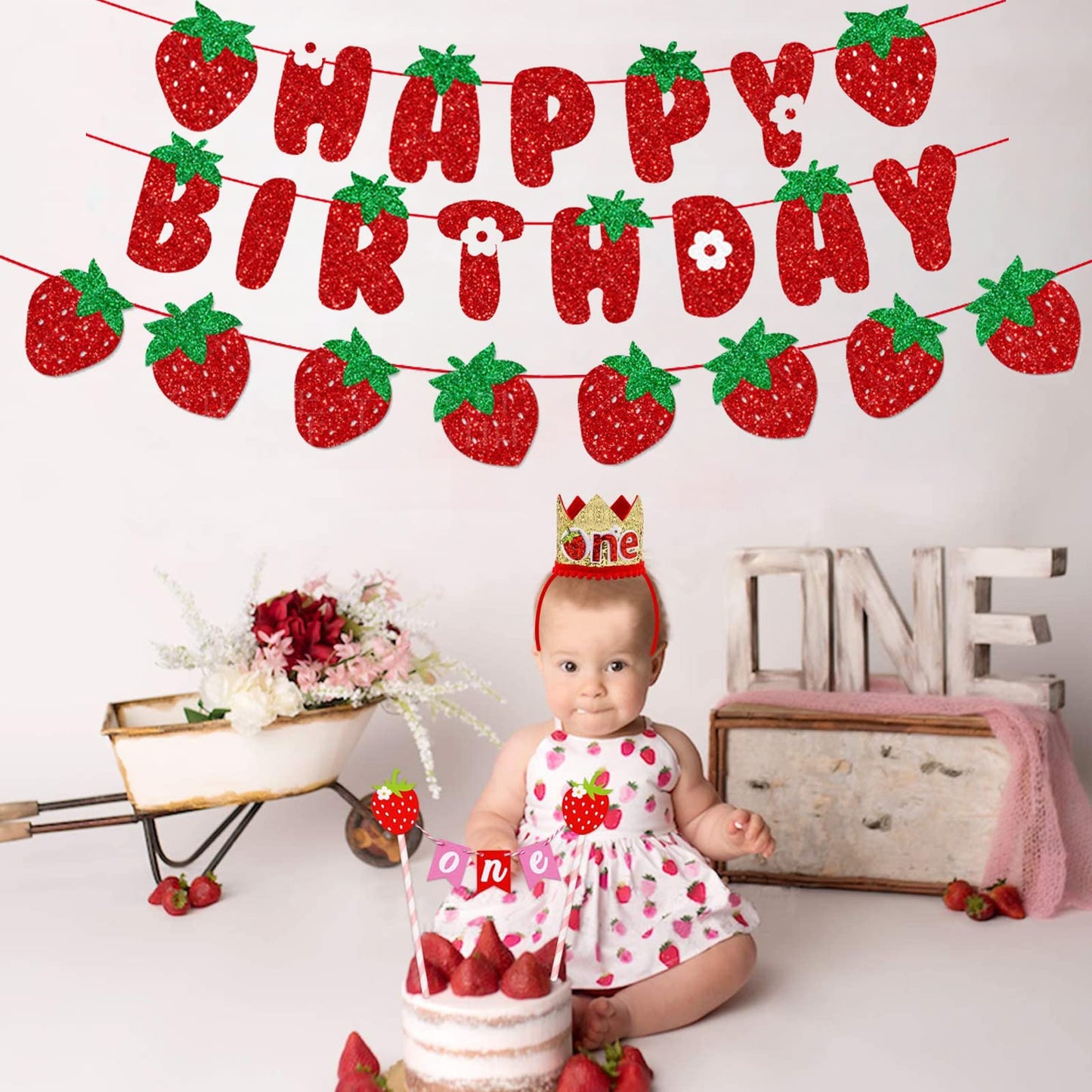 Zwiebeco Strawberry Birthday Party Decoration Supplies - Red Green Strawberry Happy Birthday Sign Banner Bunting Garland Hanging