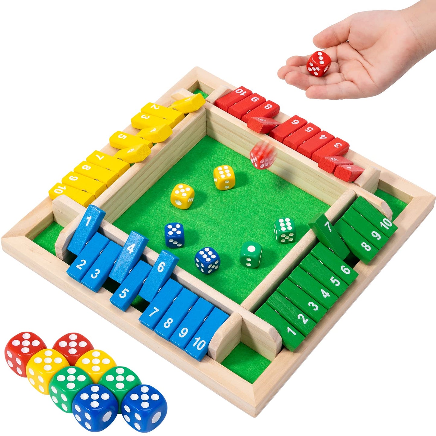 Ineariu Shut The Box Game - 4-Player Wooden Dice Game, 8.7" Colorful Design for Parties and Skill Development