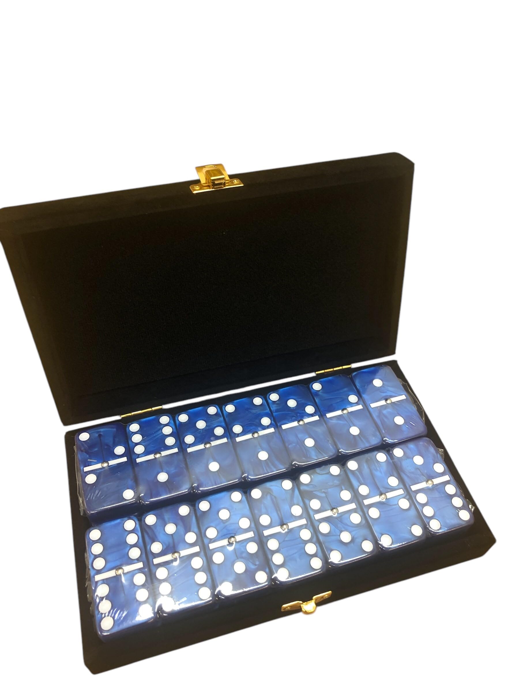 Domino Double 6 Dark Blue Marbleized Jumbo Tournament Professional Size with Spinners in Elegant Black Velvet Case.