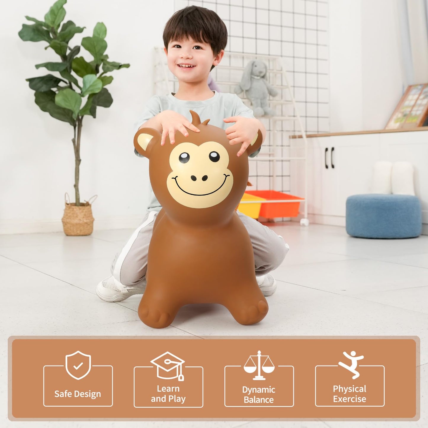 Inpany Monkey Bouncy Horse Hopper Toys, Toddlers Bouncing Zoo Animal Toys, Kid Hopping Buddies, Inflatable Ride On Rubber Bouncer, Outdoor Indoor Baby Birthday Gifts Toy For 2 3 4 Year Old Girls Boys