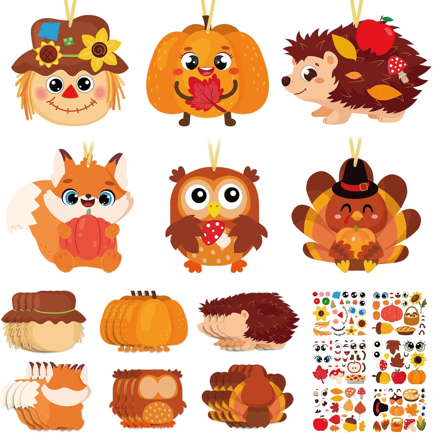 Pasimy 24 Sets Thanksgiving Crafts Kits DIY Fall Autumn Ornaments Turkey Scarecrow Pumpkin Owl Sticker Crafts Autumn Harvest Cra