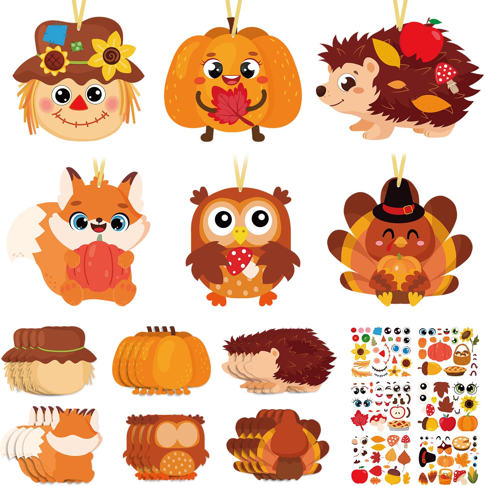 Pasimy 24 Sets Thanksgiving Crafts Kits DIY Fall Autumn Ornaments Turkey Scarecrow Pumpkin Owl Sticker Crafts Autumn Harvest Cra