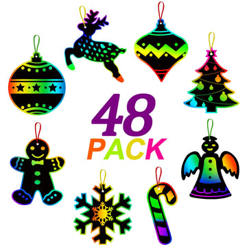 ORIENTAL CHERRY Christmas Scratch Crafts Arts, 48 DIY Rainbow Scratch Art Bulk Cards, Rainbow Scratch Paper Supplies Toys for 3-