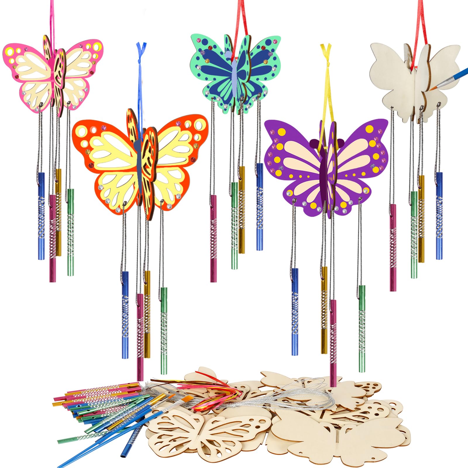 Fennoral 8 Pack 3D Butterfly Wind Chime Kit for Kids Make Your Own Butterfly Wind Chime Wooden Arts and Crafts for Kids DIY to P