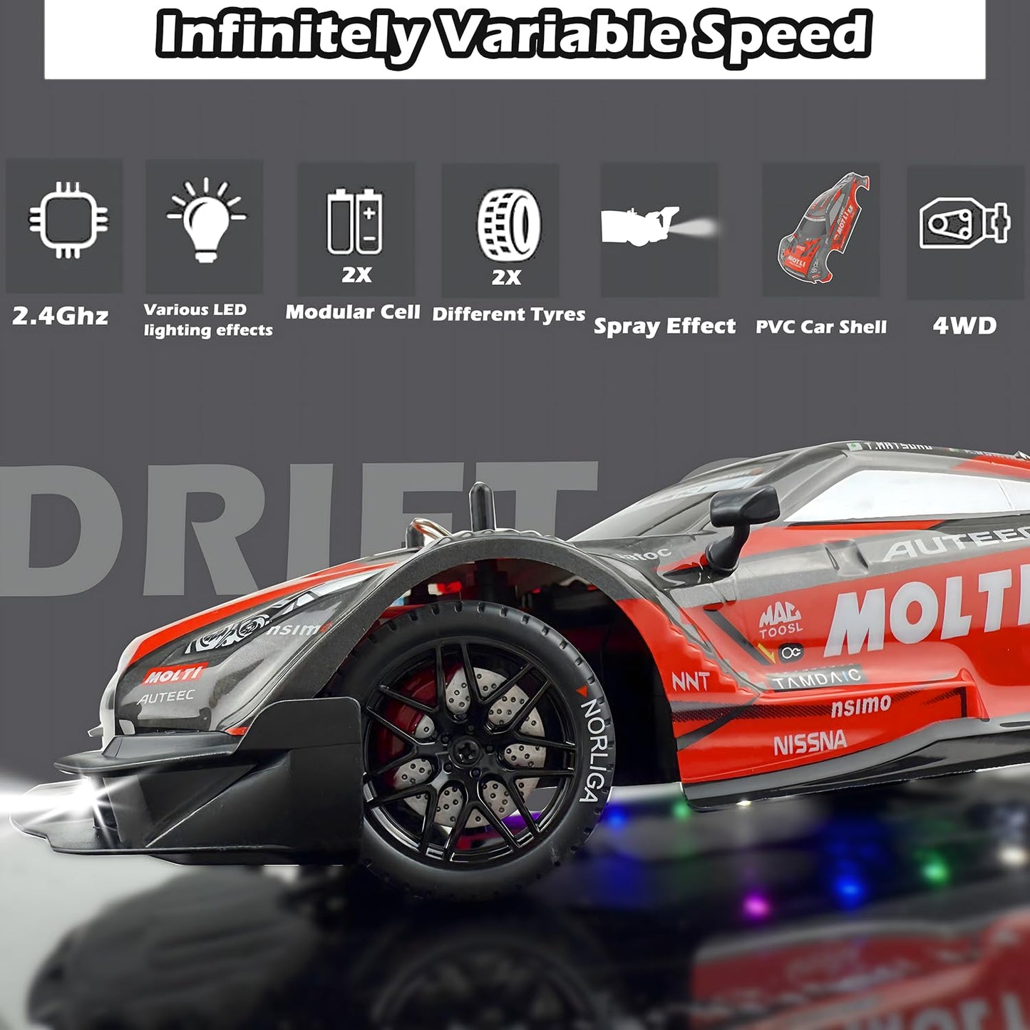 Hturccop 1:16 Rc Drift Car 2.4Ghz Spray 4Wd Led Lights 30+Km/H High Speed Remote Control Car 2 Batteries 60Min Infinitely Variab