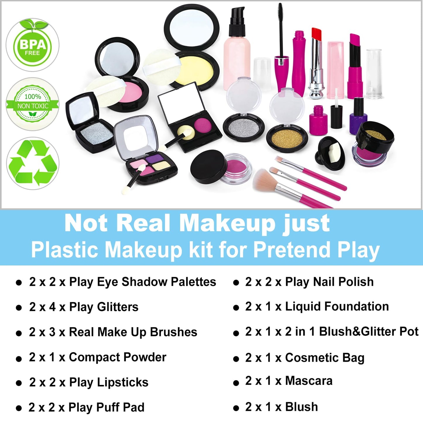 TEPSMIGO 2 Pack Pretend Makeup Kit for Girls, Kids Pretend Play Makeup Set - with Cosmetic Bag for Birthday Christmas, Toy Makeu