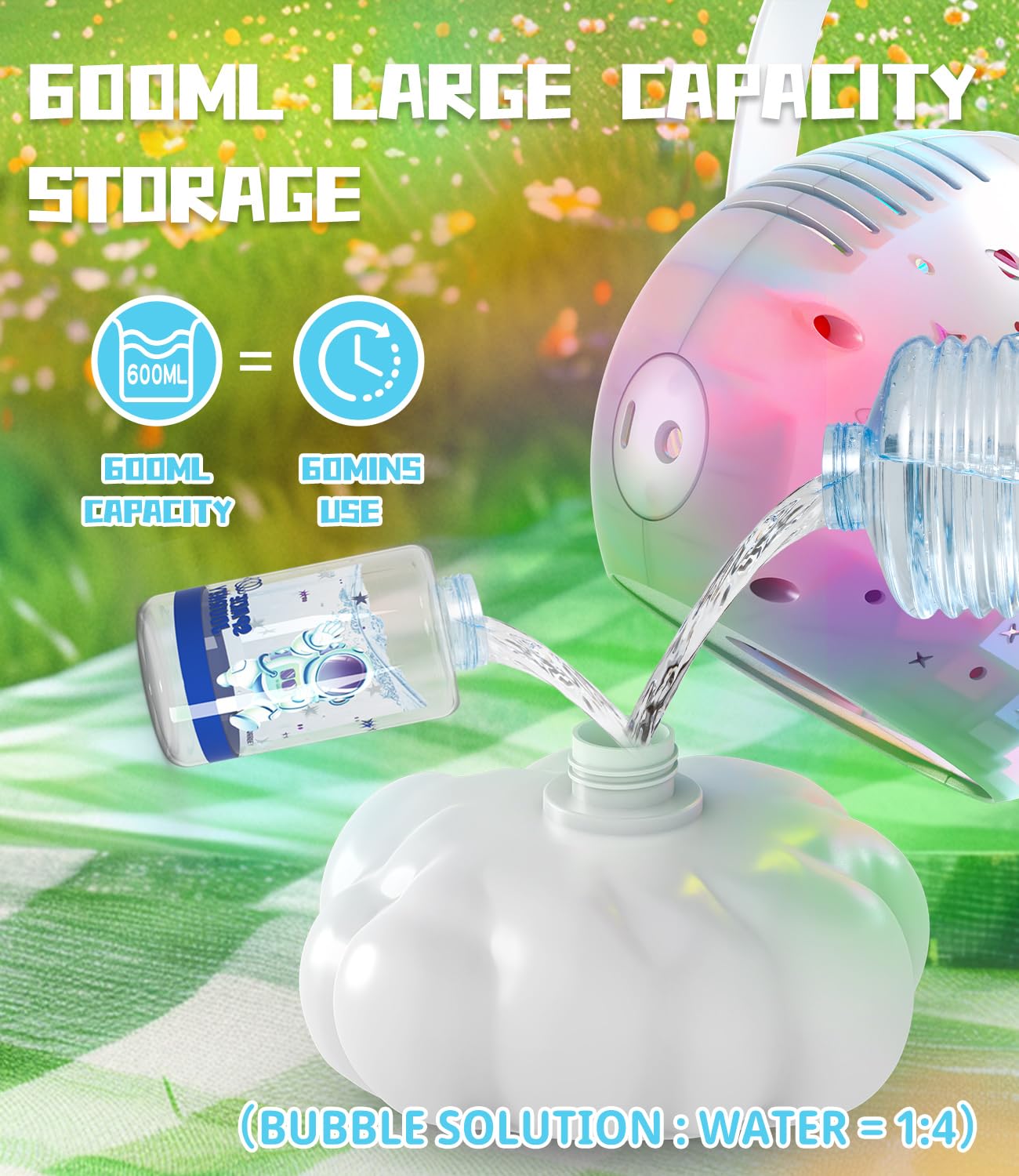Rechargeable Bubble Machine with Colorful LED Light - Make Large Bubbles - 600mL Automatic Bubble Maker for Kids - Outdoor Party