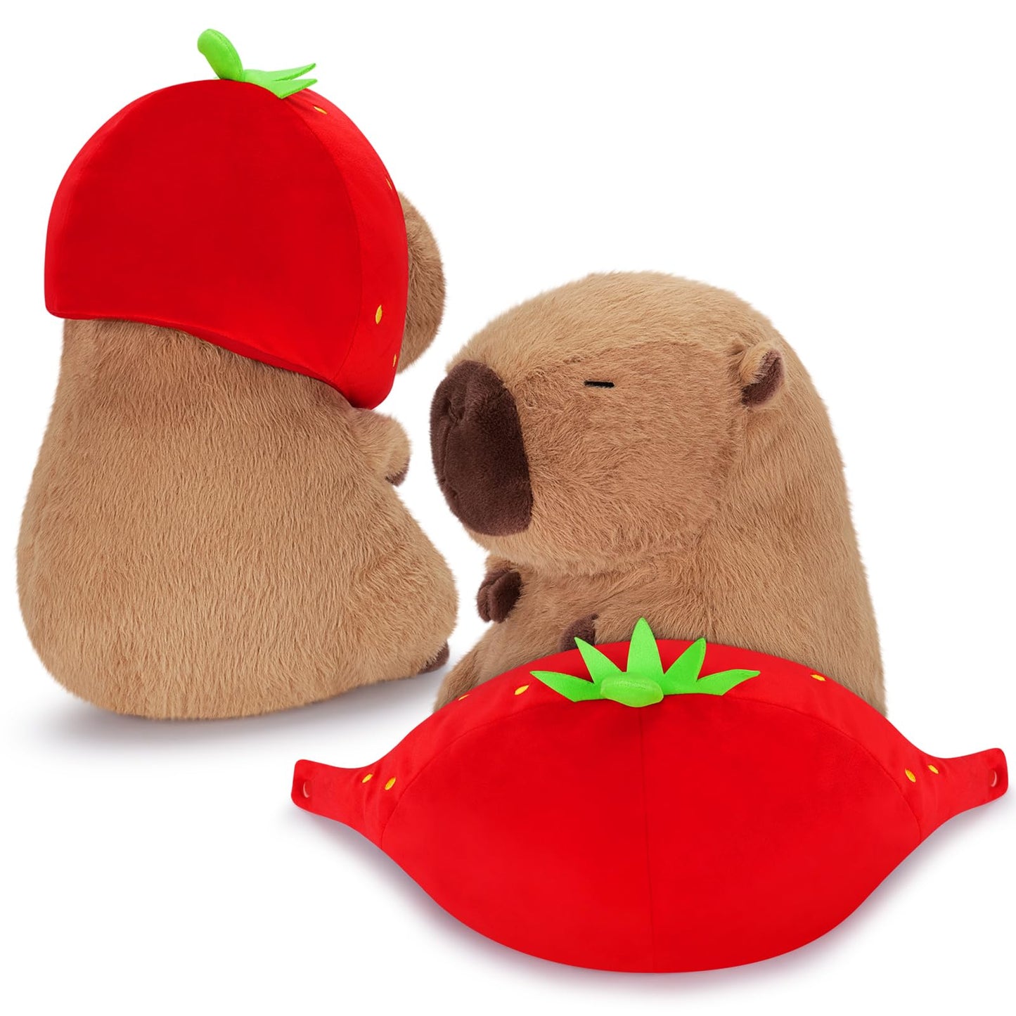 Achwishap Capybara Plush Toy, 16” Brown Stuffed Animal with Strawberry Hat, Kawaii Gift for Kids and Adults