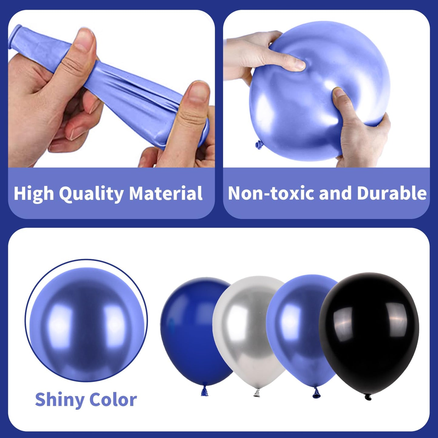 Paready Metallic Balloons Set - Blue, Black & Silver - Rubber Party Balloons for Kids & Adults - Birthday, Wedding, Baby Shower