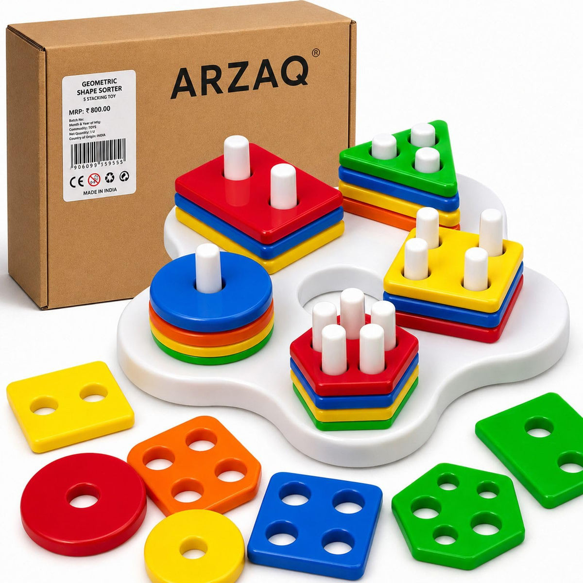 Arzaq Geometric Shape Sorter & Stacking Blocks For Kids, 25 Piece