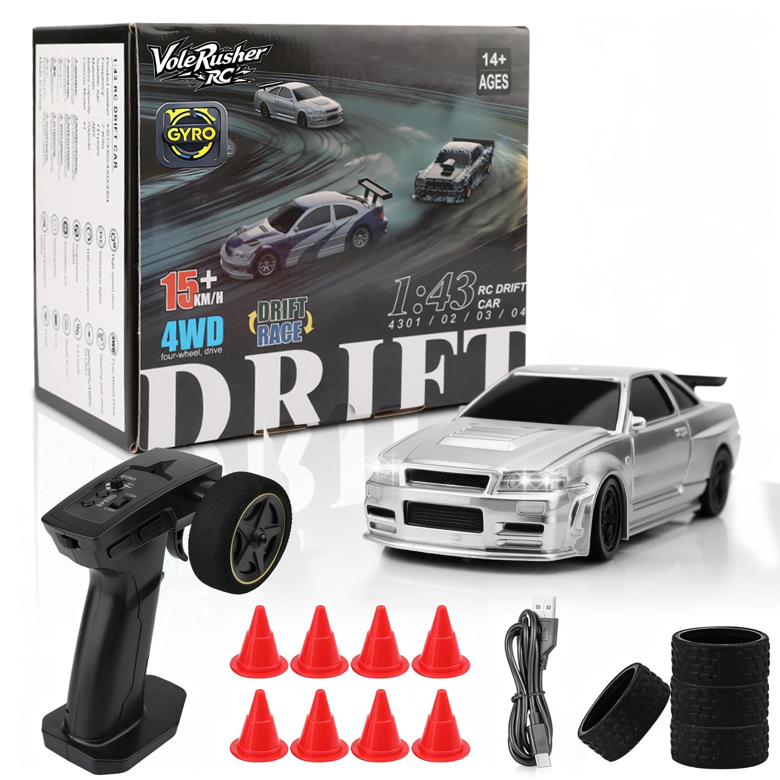 Volerusher Rc 1/43 Scale Mini Rc Drift Car With Gyroscope - Micro Small With Full Proportional Rtr 2.4Ghz Remote 2 Tire Sets 8 C