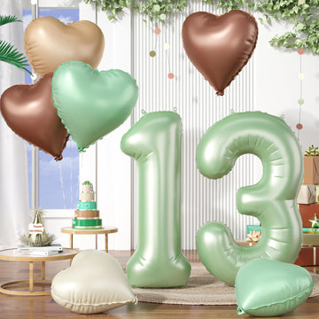Biapian 40 Inch Sage Green Number 13 Balloons, Large Foil Number 1 & 3 Balloons With 18'' Cream Brown Heart Balloons For 13Th Ye