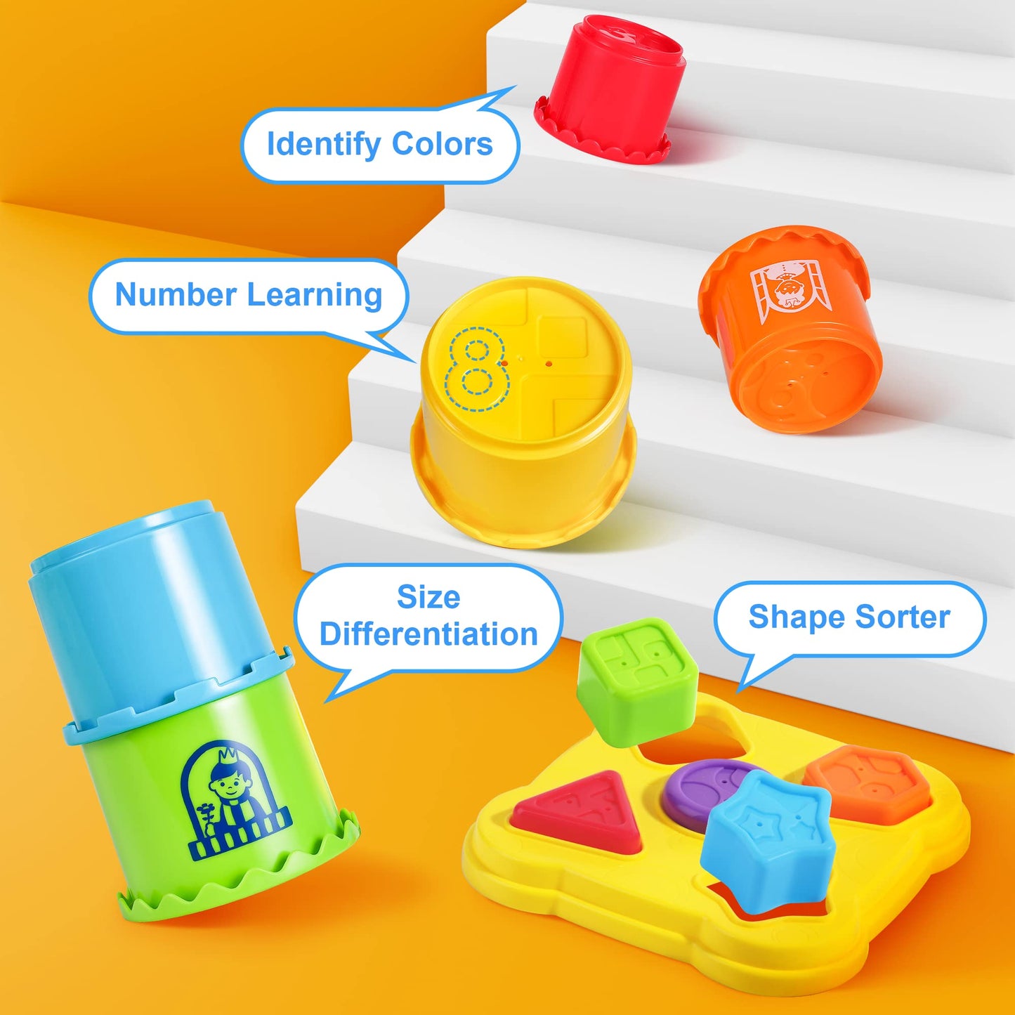 iPlay, iLearn Baby Stacking Toys - Multicolored Nesting Cups & Shape Sorter, 6.7Wx9.5L, Ideal for 1-3 Year Olds