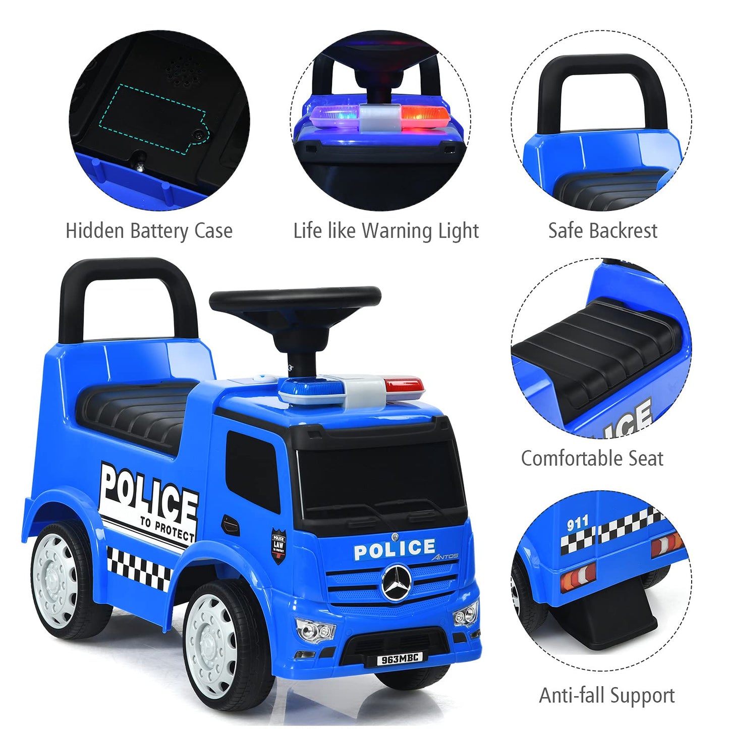 Costzon Ride On Push Car For Toddlers, Licensed Mercedes Benz Sliding Car W/Steering Wheel, Horn, Headlights, Under Seat Storage, Foot-To-Floor Riding Toy For Boys Girls 1-3 Years (Police Car, Blue)
