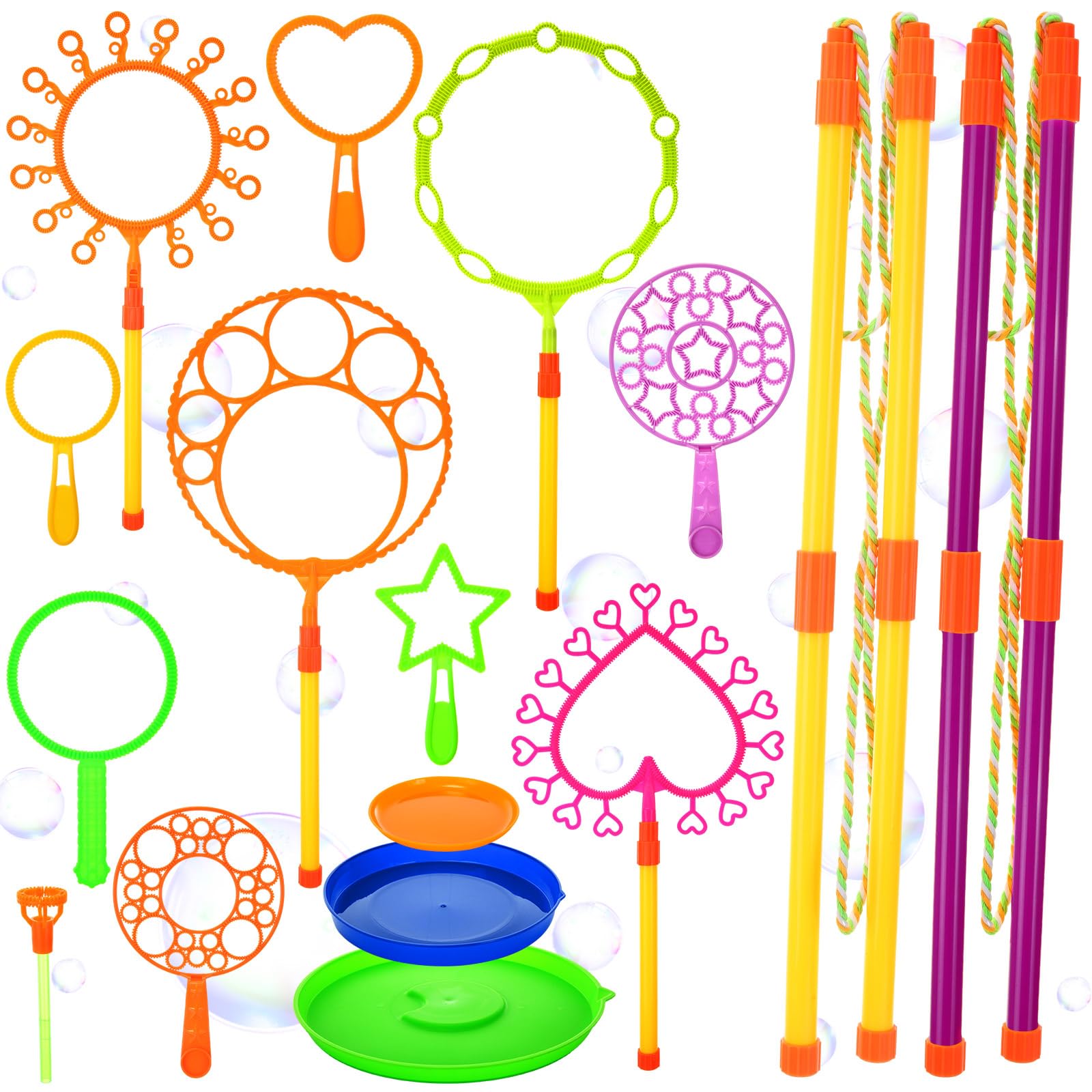 Lenwen 16 Pcs Giant Bubble Wands Kit Big Maker Toy Large Gigantic Bubble Wands with Refill and Tray for Summer School Birthday Outdoor Playtime Fun Activity Party Favors(Assorted)
