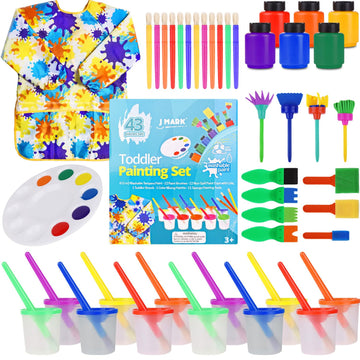 J MARK 43 Piece Toddler Painting Set - Spill Proof Paint Cups for Kids, Washable Kids Paint, Painting Tools, Kids and Toddler Pa