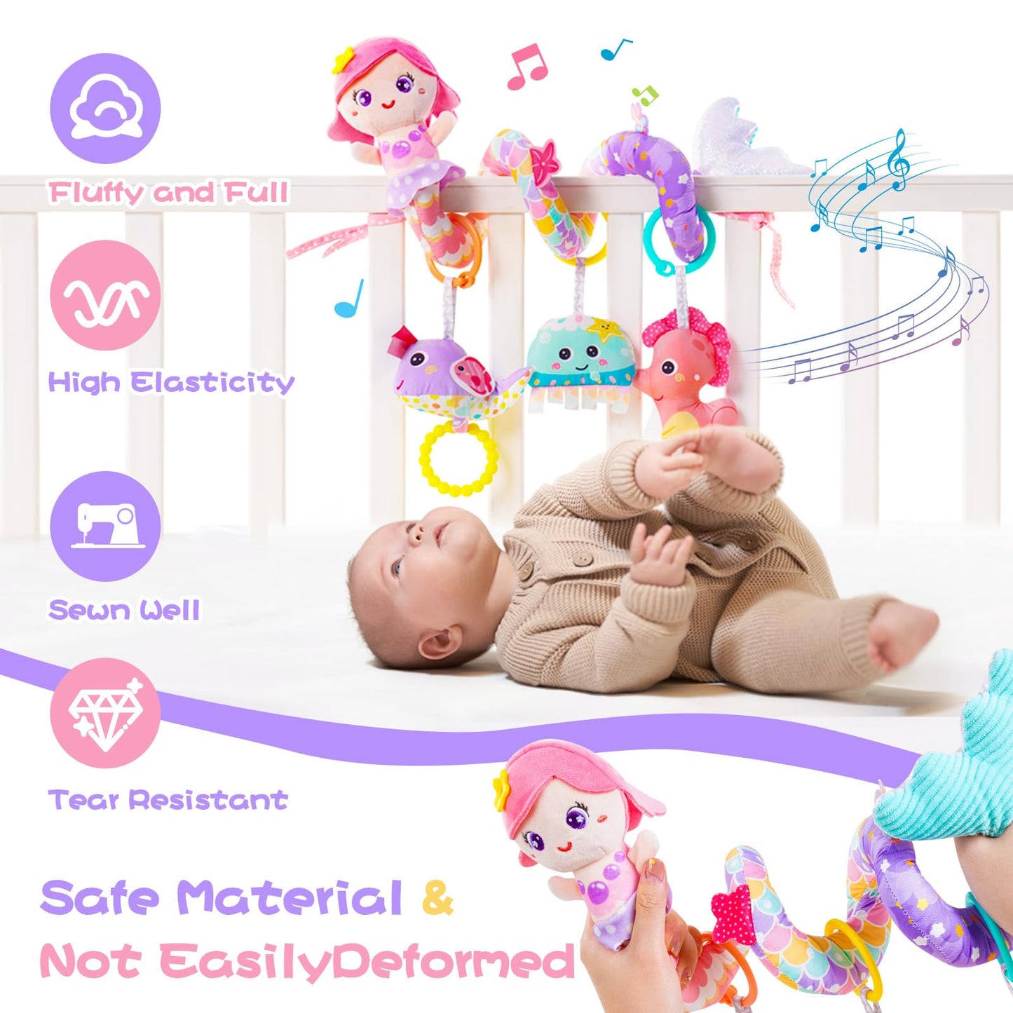 Koty Carseat Toys Hanging, Pink Mermaid Stroller Toys For Babies 0-6 Months, Baby Car Seat Toy With Crinkle, Teether, Music Box,