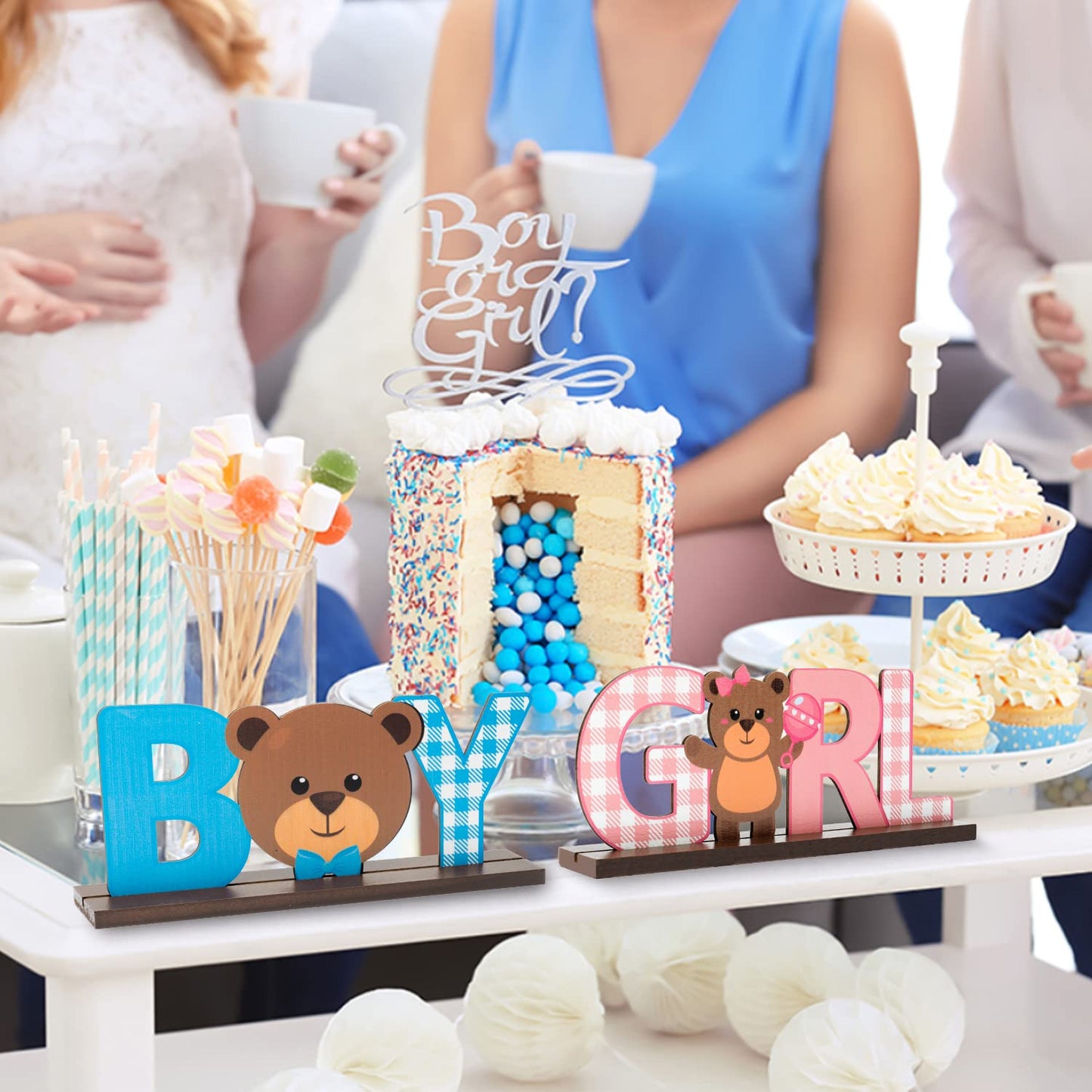 C1krint Teddy Bear Wooden Decorative Signage, Boy Girl Gender Reveal Decor, 2Pcs Blue/Pink Table Centerpieces for He/She Baby Sh