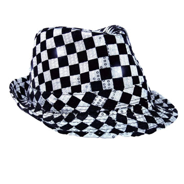 Blinkee Led Flashing Fedora Hat With Checkered Sequins Black And White