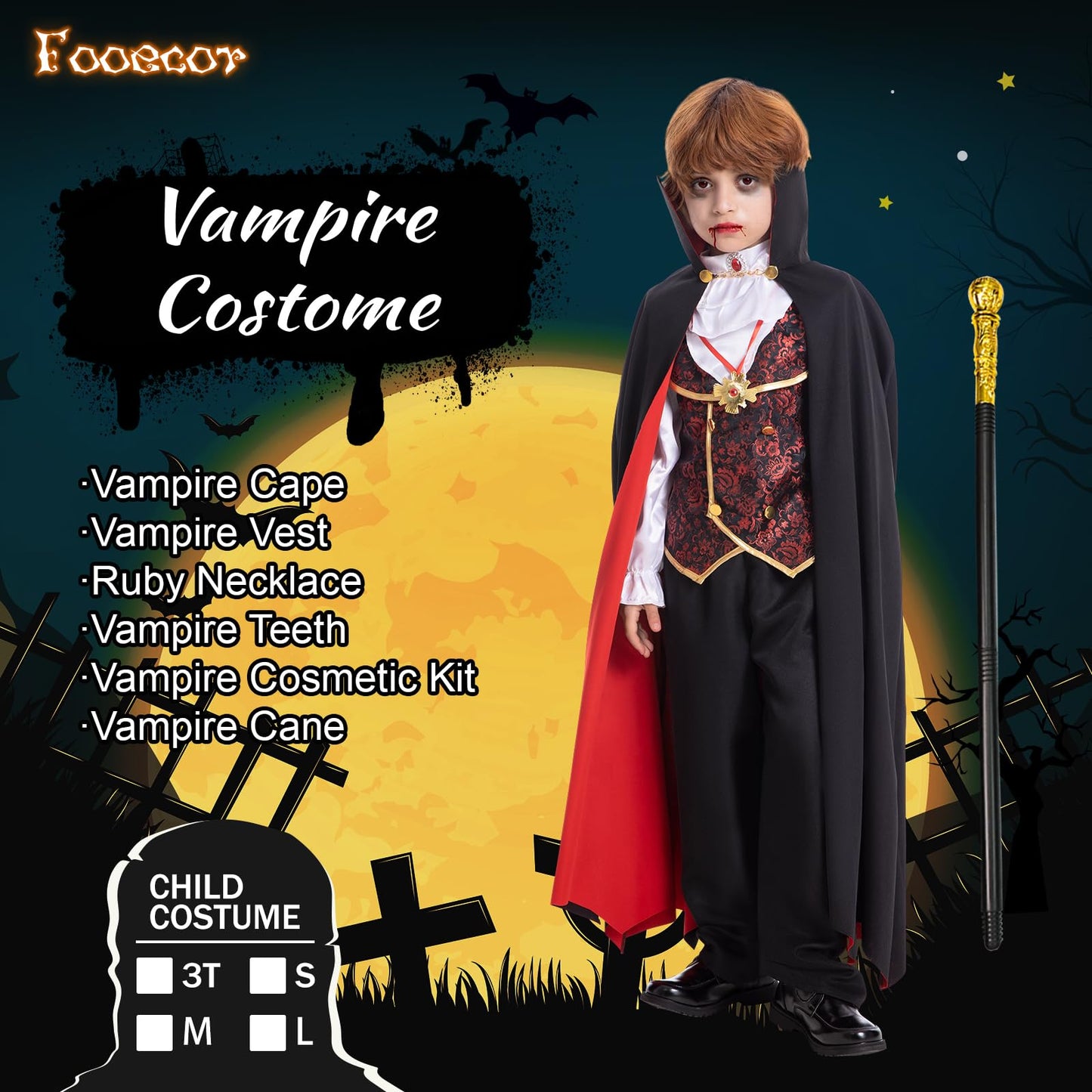 Fooecor Vampire Costume For Boys Scary Halloween Party, Vampire Teeth Cosmetic Kit Included